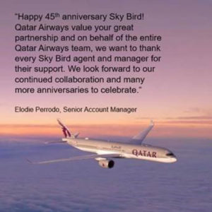 Sky Bird Travel & Tours 45th Anniversary message from Qatar Airways.