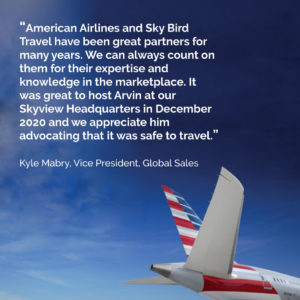 Sky Bird Travel & Tours 45th Anniversary message from American Airlines.