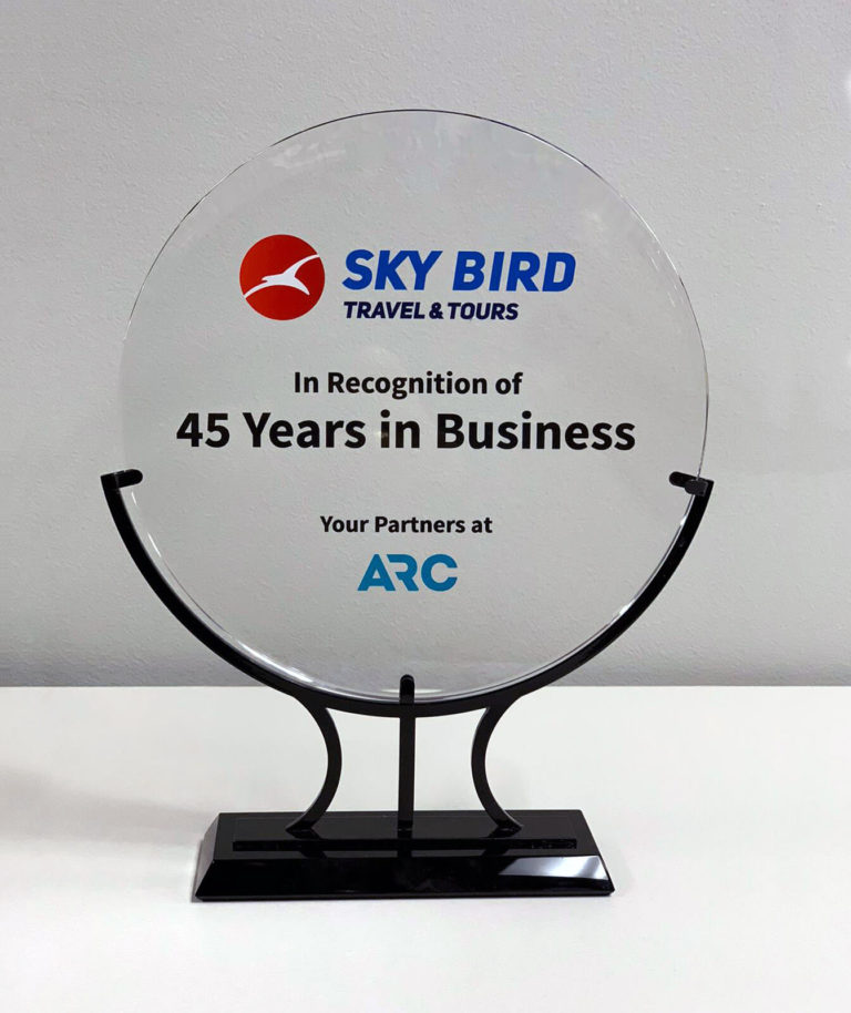 Sky Bird Travel & Tours 45 Years in Business travel award from ARC business partners.