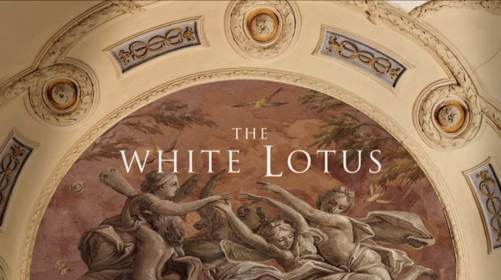 A still from the HBO Max TV show "The White Lotus" featuring the opening credits and an ancient Italian art piece. This is the featured Image in the Sky Bird Travel & Tours blog article called "On Location: The White Lotus," which shows the various filming locations of the famous tv show created by Mike White.