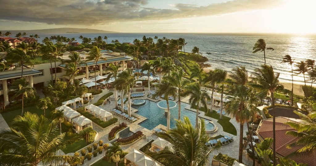 An image of the Maui Four Seasons Resort, which was used as the filming location for the hit TV show "The White Lotus." In The Sky Bird Travel & Tours "On Location" blog article, this is the resort that was an actual film location for the tv show in the first season!
