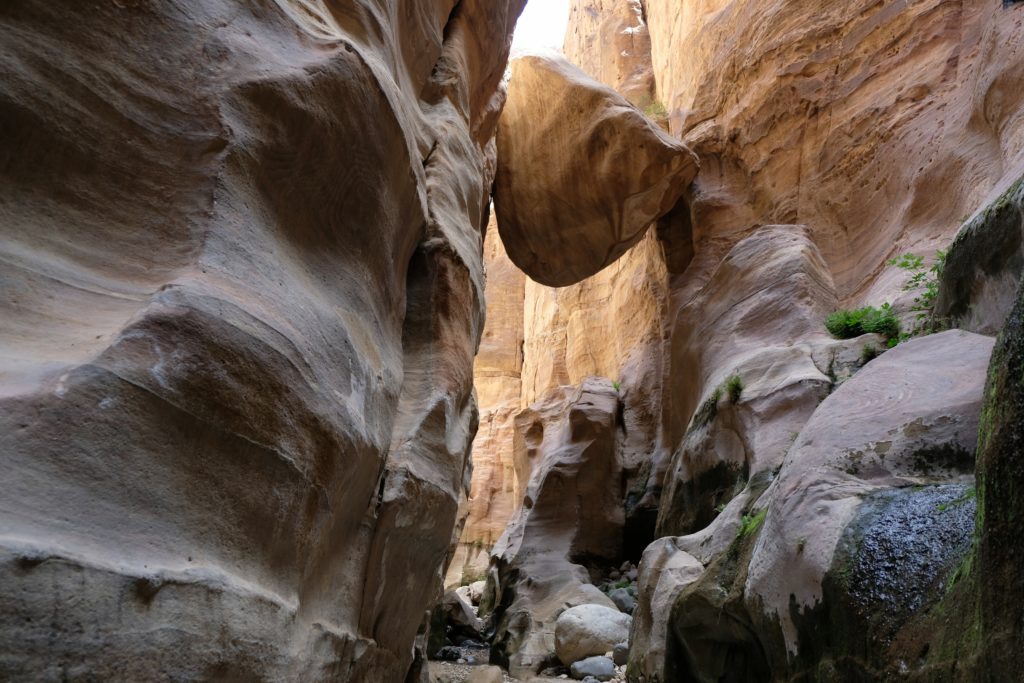 A mind-blowing shot of the hanging rock in Wadi Ghuweir at the Dana Biosphere Reserve in Jordan, where a boulder is stuck between the walls of the cliffs and held up above the heads of tourists. This image is featured in the Sky Bird Travel & Tours tour guide blog article, "Top 10 Destination: Jordan," which lists the best things to do in Jordan!