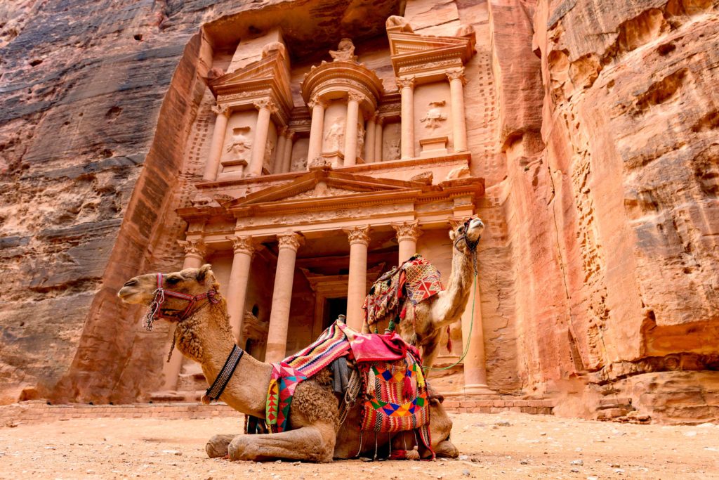 Two camels waiting at Al Khazneh Treasury to give camel ride tours in the desert, with one of the ancient rock carvings in the red stone cliffs of Petra. This image is featured in the Sky Bird Travel & Tours tour guide blog article, "Top 10 Destination: Jordan," which lists the best things to do in Jordan!