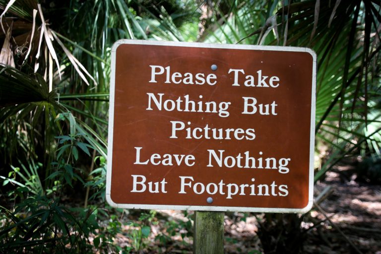An image of a sign at a walking park that reads "please take nothing but pictures leave nothing but footprints." This image is featured in the Sky Bird Travel & Tours blog, "Encourage Safe and Responsible Travel," which shows travel agents how to guide their clients on a safe vacation!