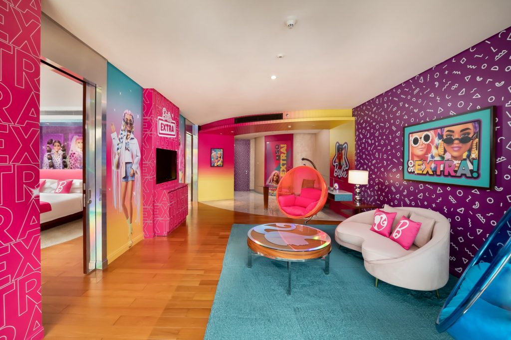 Featured in On Location: Barbie from Sky Bird Travel & Tours, this image of a hotel room at the Ultimate Barbie Staycation in Malaysia is decked out in prink girly frills!