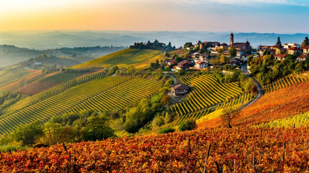This image of the countryside in Tuscany, Italy with a sunset and a vineyard is featured in the Sky Bird Travel & Tours blog post "Autumn Vacation Destinations"