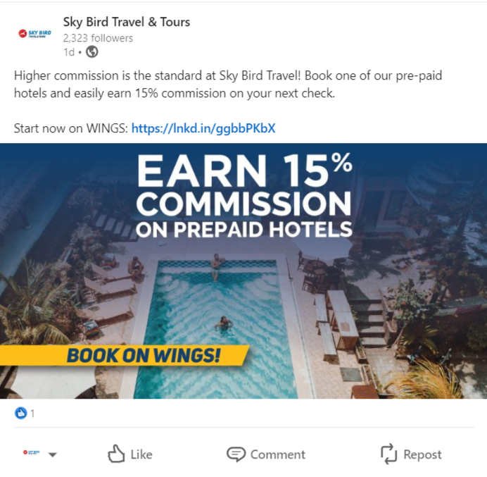 this image shows a screenshot of a sky bird commission offer as featured in the 'Social media marketing for agents' blog by Sky bird Travel & Tours.