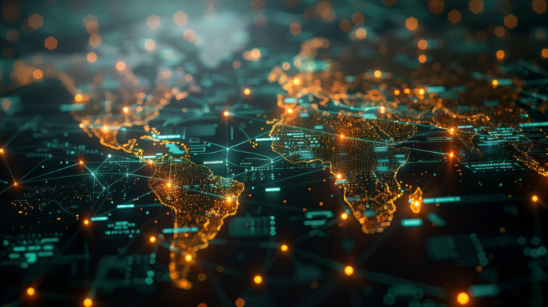 Sky Bird Travel & Tours blog post, "Uses of AI in the Travel Industry," shows a 3d world map with a communication grid all over, data traveling fast, glowing effect, and futuristic representation.