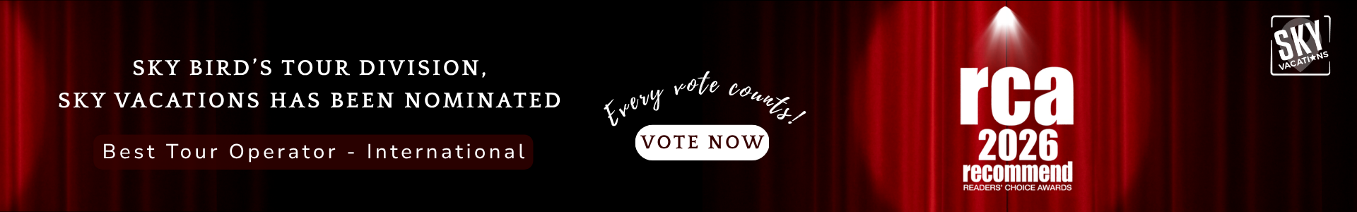 Banner announcing Sky Bird's Tour Division nomination for Best Tour Operator International; includes 'Vote Now' and RCA 2026 logo.