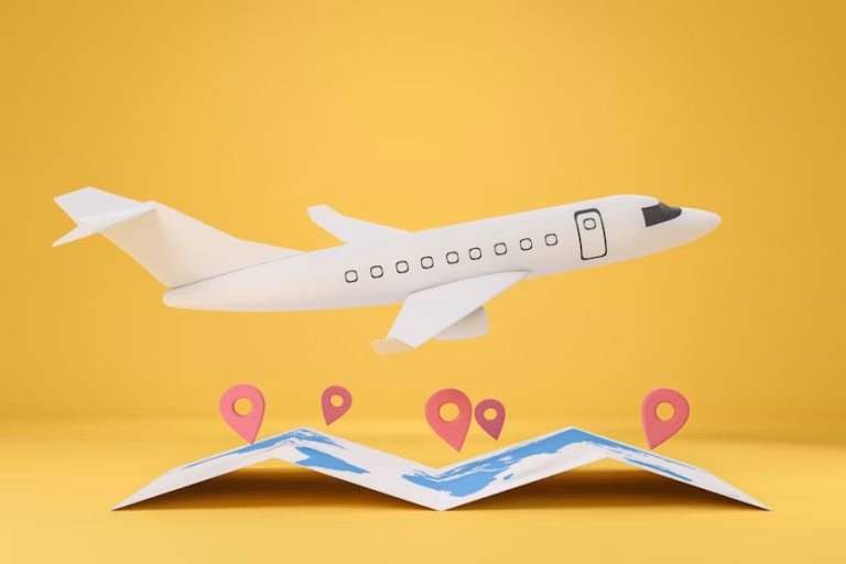 White passenger airplane above a folded map with pink location pins, symbolizing travel planning or flights.