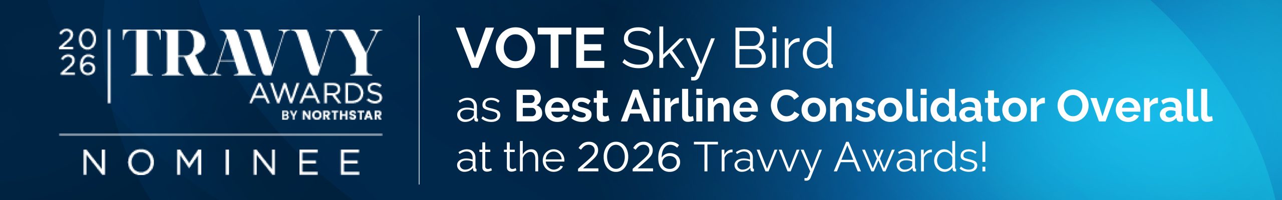 Banner for the 2026 Travvy Awards nominating Sky Bird; prompting viewers to vote for Best Airline Consolidator Overall at the Travvy Awards.