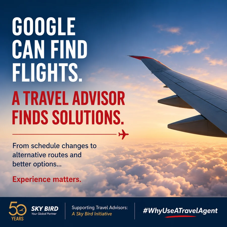 Travel ad showing airplane wing at sunset with bold white and red text about flight searches and travel advisors.
