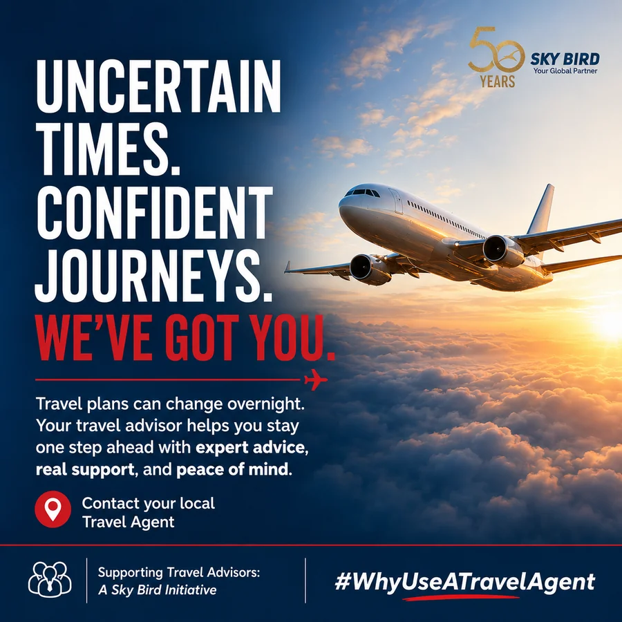 Airplane flying above sunset clouds with bold white and red slogan: "Uncertain times. Confident journeys. We’ve got you." and Sky Bird branding on the right.