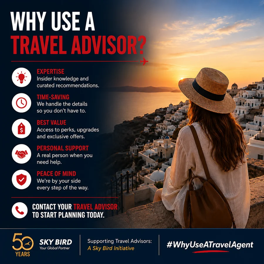 Promotional travel-advert panel listing benefits of using a travel advisor: Expertise, Time-Saving, Best Value, Personal Support, Peace of Mind, and a call to action to start planning.