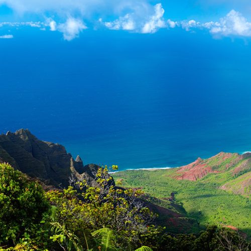 A wide shot of Kauai Island in Hawaii showing the blue ocean, green mountains, and stunning flora native to the area. This spot can be seen on a luxury vacation with Sky Bird Travel & Tours Sky Vacations called the Hawaii Island Hopping customized vacation tour package.